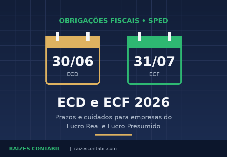 Calendários com os prazos da ECD (30/06) e da ECF (31/07) de 2026